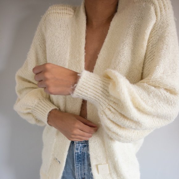 Vintage Sweaters - Vintage Puff Sleeve Knit Cardigan Size Medium